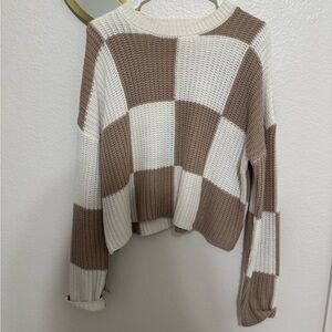 moon & madison Checkered Knit Sweater - Cream and Brown